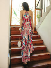 Vacation A-Line Sleeveless Floral Printed Lace-Up U-Neck Maxi Dress